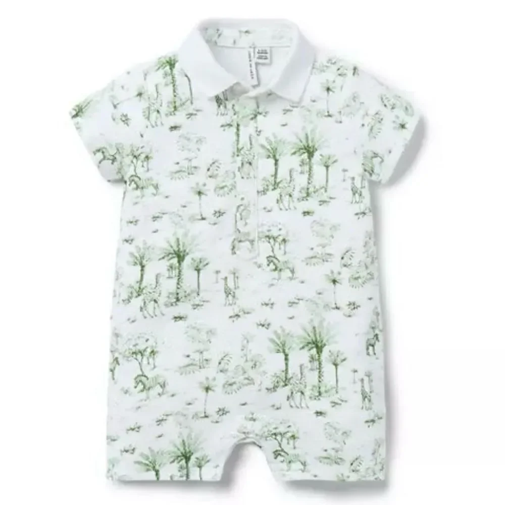 Janie and Jack Baby Tropical Toile Polo Romper Green and White Size 0-3months